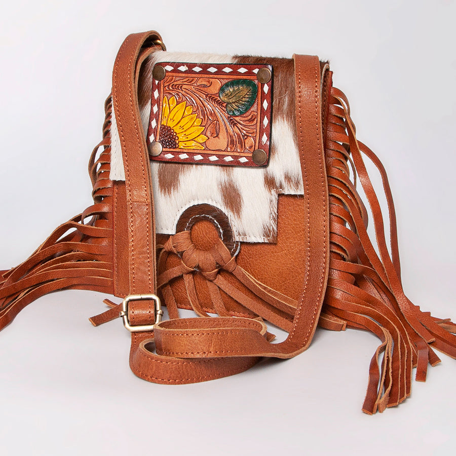 American Darling Western Leather Cross body Bag - Hand Tooled Floral and Cowhide Purse - Uhorse