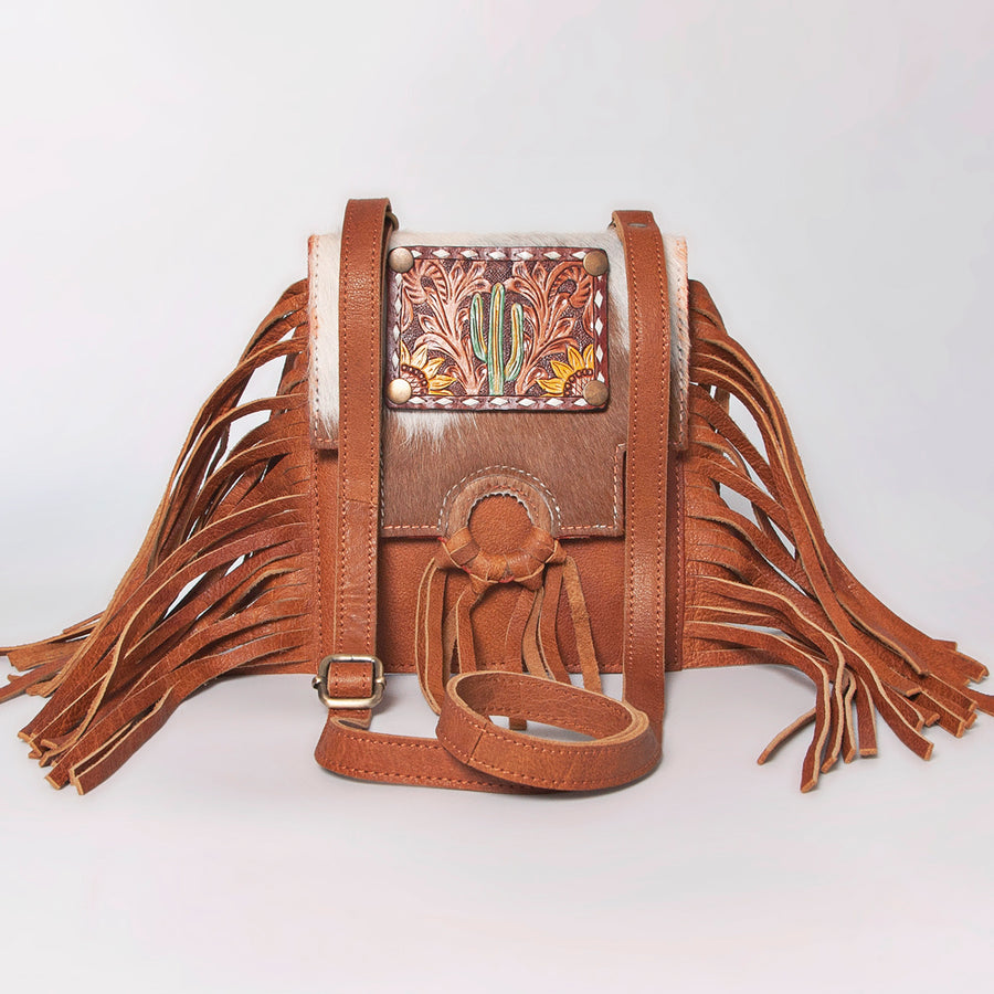 American Darling Cross body Bag, Hand Tooled Floral Leather, Hair-On Cowhide with Fringes, Western Handcrafted Purse