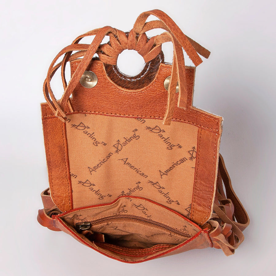 American Darling Cross body Bag, Hand Tooled Floral Leather, Hair-On Cowhide with Fringes, Western Handcrafted Purse