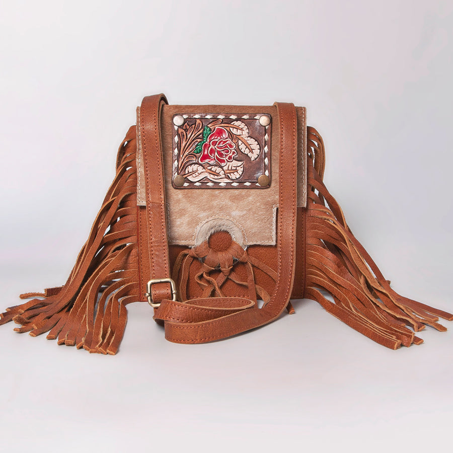 American Darling Cross body Bag, Hand Tooled Floral Leather, Hair-On Cowhide with Fringes, Western Handcrafted Purse