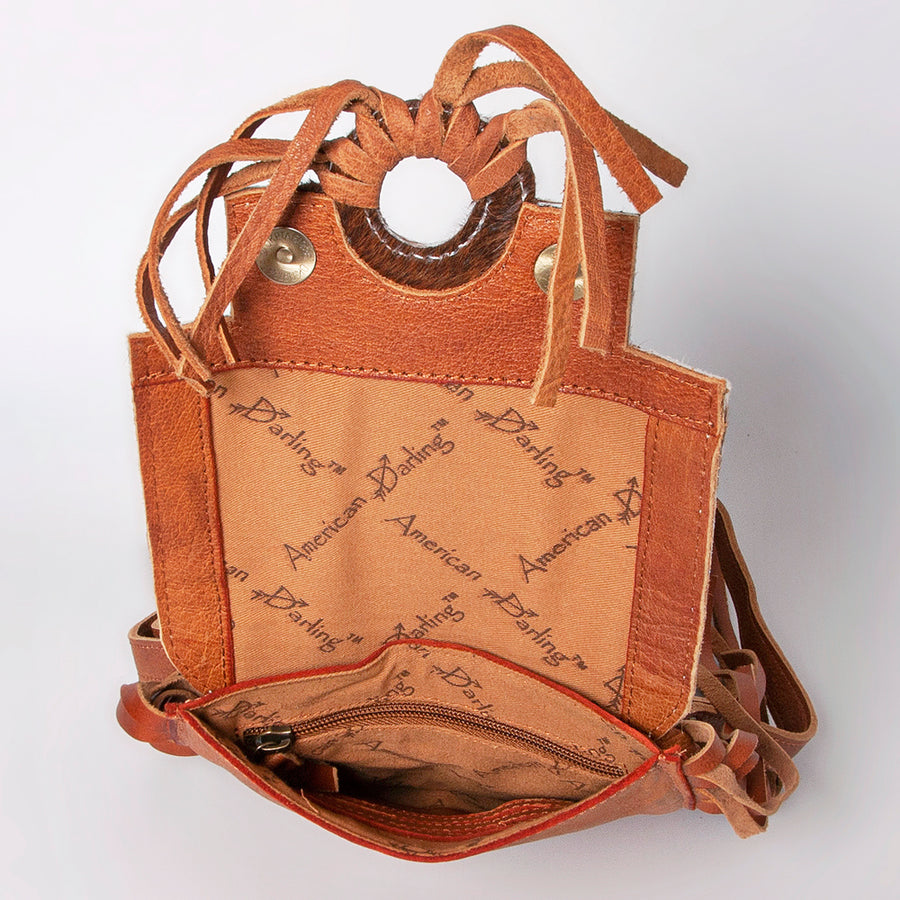 American Darling Cross body Bag, Hand Tooled Floral Leather, Hair-On Cowhide with Fringes, Western Handcrafted Purse