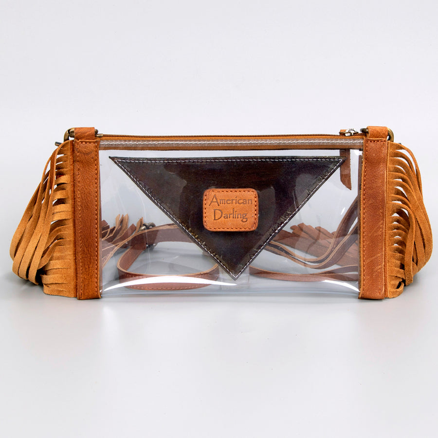 American Darling Clear Bag, Hand Tooled Leather Trim with Fringes, Stadium Approved Western Crossbody, Handcrafted Purse