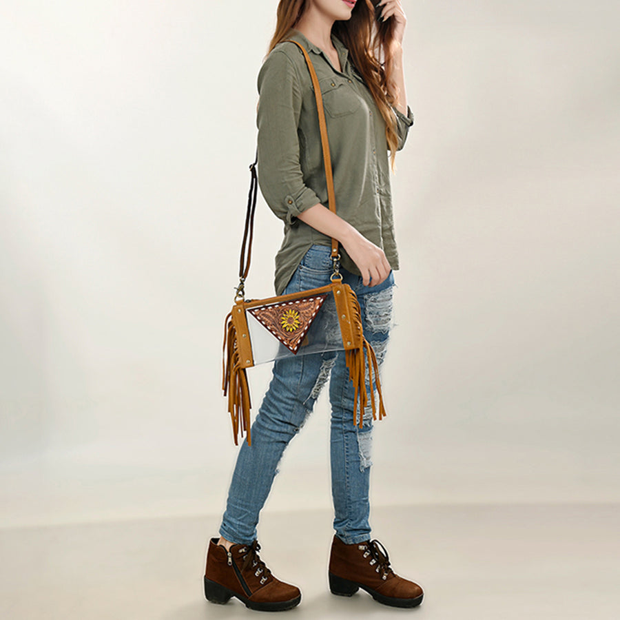 American Darling Clear Bag, Hand Tooled Leather Trim with Fringes, Stadium Approved Western Crossbody, Handcrafted Purse