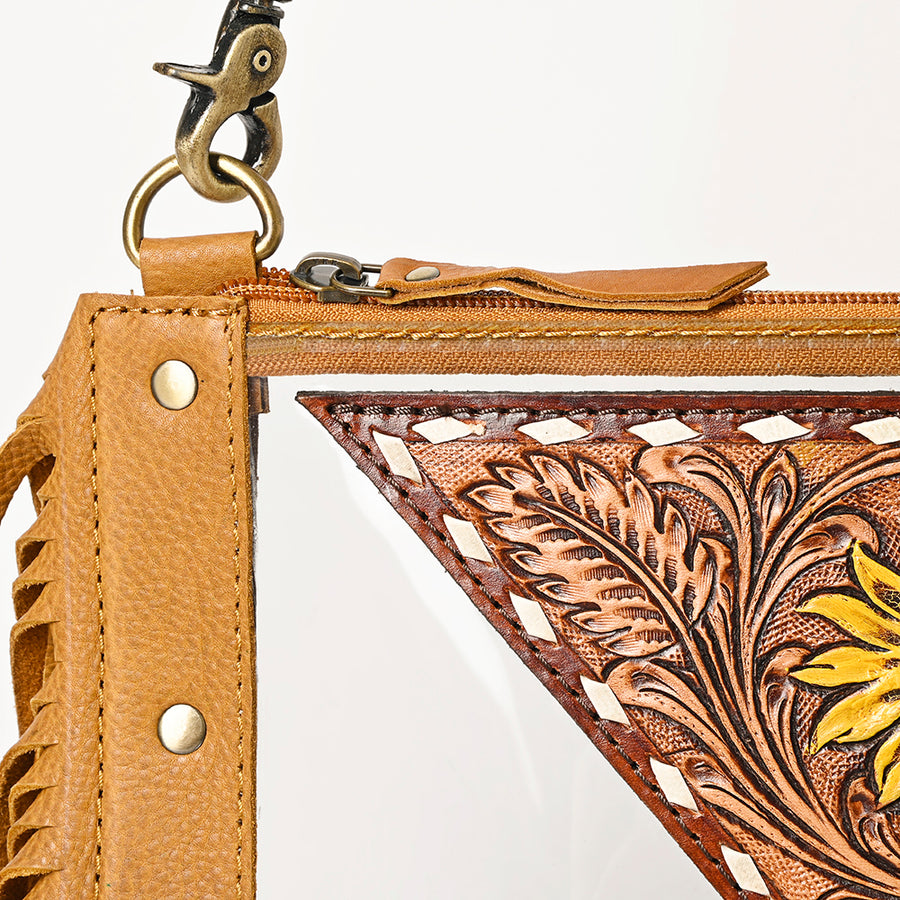 American Darling Clear Bag, Hand Tooled Leather Trim with Fringes, Stadium Approved Western Crossbody, Handcrafted Purse