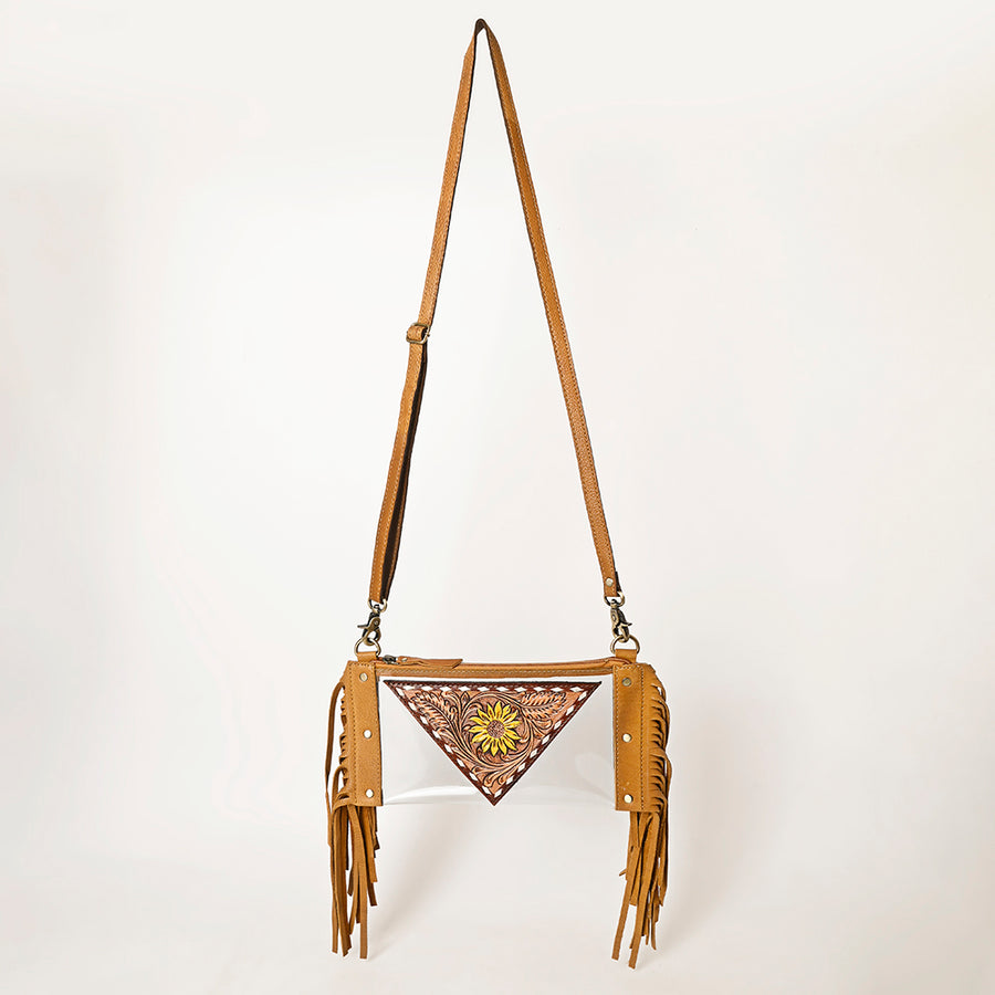 American Darling Clear Bag, Hand Tooled Leather Trim with Fringes, Stadium Approved Western Crossbody, Handcrafted Purse