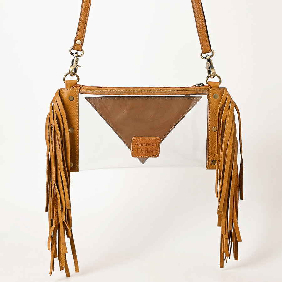 American Darling Clear Bag, Hand Tooled Leather Trim with Fringes, Stadium Approved Western Crossbody, Handcrafted Purse