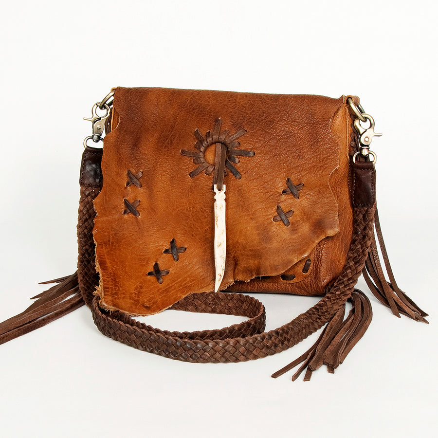 Brown leather crossbody bag with tooled floral design and braided strap - Uhorse