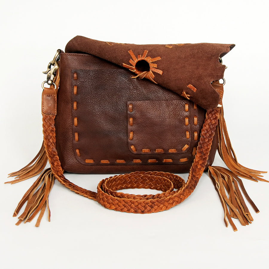 American Darling Cross body Bag Western Genuine Leather Handcrafted Purse with Fringes and Braided Detail