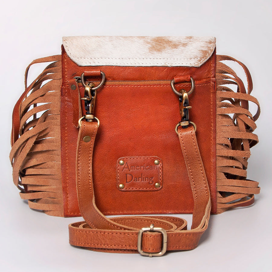 American Darling Cross body Bag, Hand Tooled Floral Leather, Hair-On Cowhide with Fringes, Western Handcrafted Purse