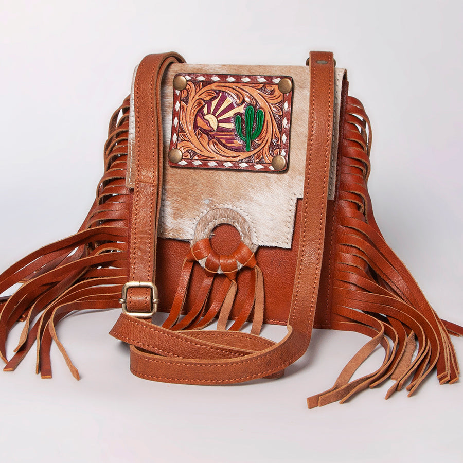 American Darling Western Leather Cross body Bag - Hand Tooled Floral and Cowhide Purse - Uhorse