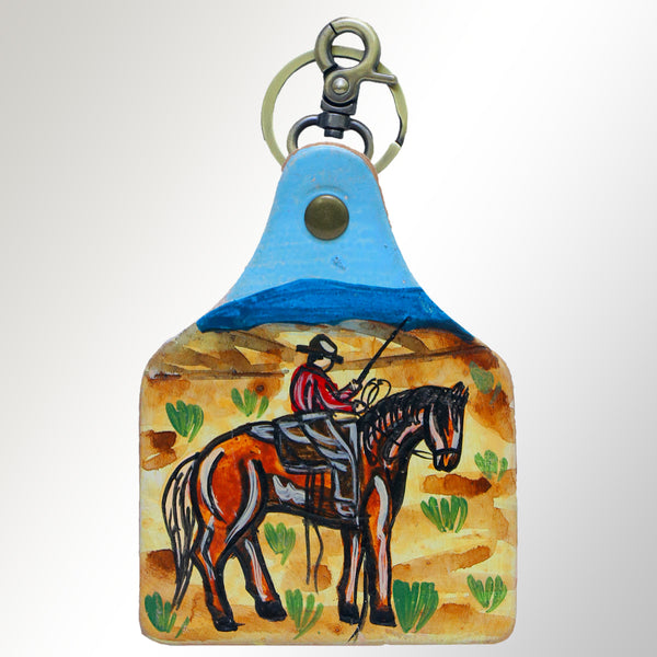 Blue and tan leather bell with cowboy and horse design - Uhorse