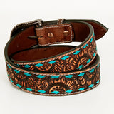 BAR H EQUINE Brown Turquoise Sunflower Floral Hand Carved Fashion Premium Leather Belt Unisex Western Belt with Removable Buckle