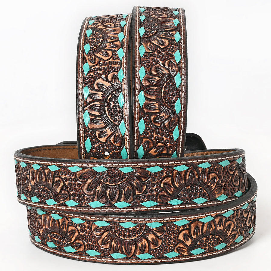 BAR H EQUINE Brown Turquoise Sunflower Floral Hand Carved Fashion Premium Leather Belt Unisex Western with Removable Buckle
