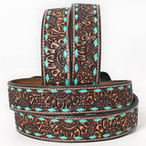 BAR H EQUINE Turquoise Sunflower Floral Hand Carved Western Fashion Premium Leather Belt Brown
