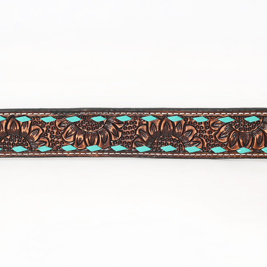 BAR H EQUINE Brown Turquoise Sunflower Floral Hand Carved Fashion Premium Leather Belt Unisex Western with Removable Buckle