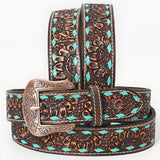 BAR H EQUINE Turquoise Sunflower Floral Hand Carved Western Fashion Premium Leather Belt Brown