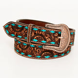 BAR H EQUINE Brown Turquoise Sunflower Floral Hand Carved Fashion Premium Leather Belt Unisex Western Belt with Removable Buckle
