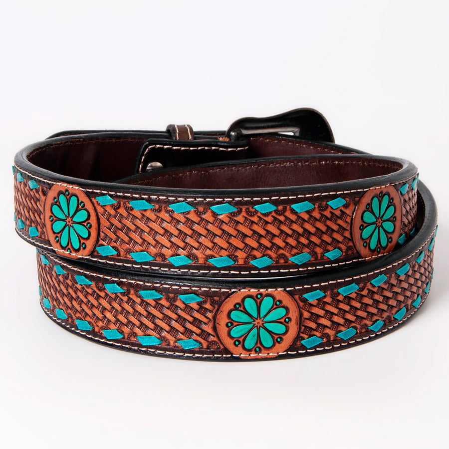 BAR H EQUINE Brown Turquoise Buckstitch Flower Basket Hand Tooled Fashion Premium Leather Belt Unisex Western Removable Buckle