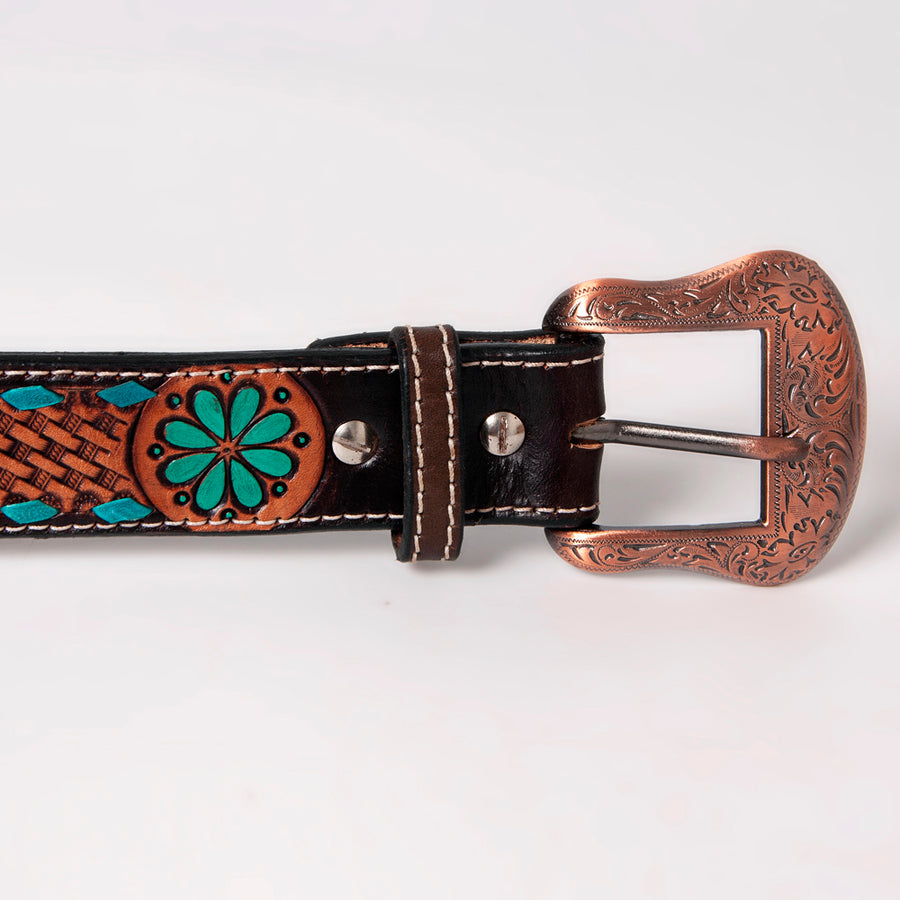 BAR H EQUINE Brown Turquoise Buckstitch Flower Basket Hand Tooled Fashion Premium Leather Belt Unisex Western Removable Buckle