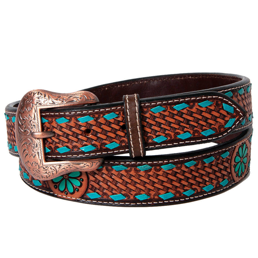BAR H EQUINE Turquoise Buckstitch Flower Basket Hand Tooled Western Leather Belt Brown - Uhorse