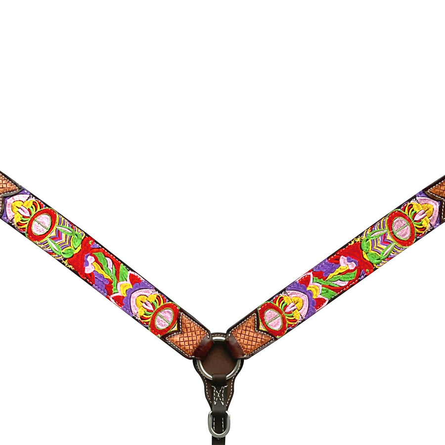 Colorful embroidered leather breast collar with floral pattern - Uhorse
