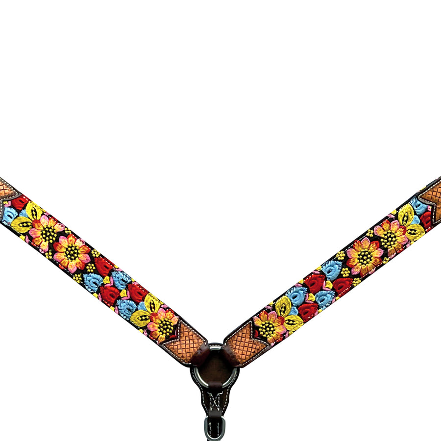 Floral print breast collar with colorful flowers on tan background - Uhorse