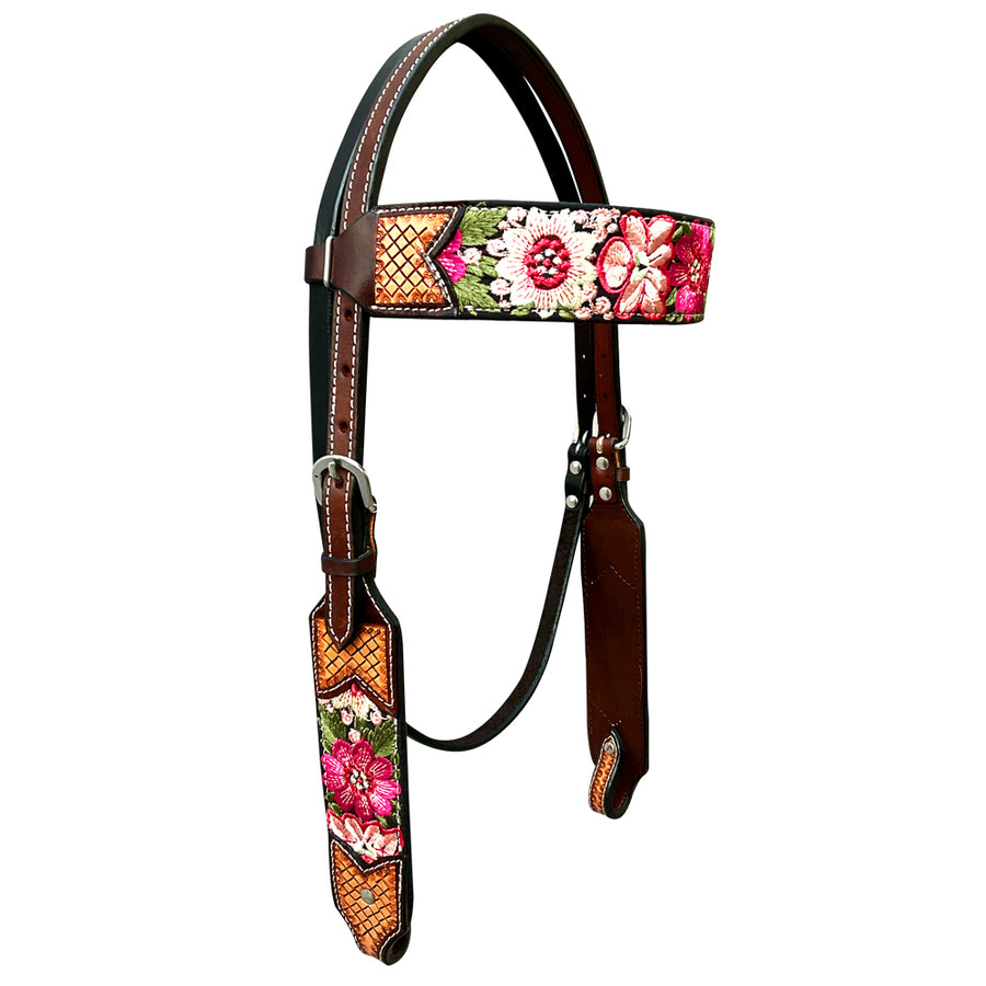 Bar H Equine Western Horse Floral Embroidery Design Genuine American Leather Headstall - Uhorse