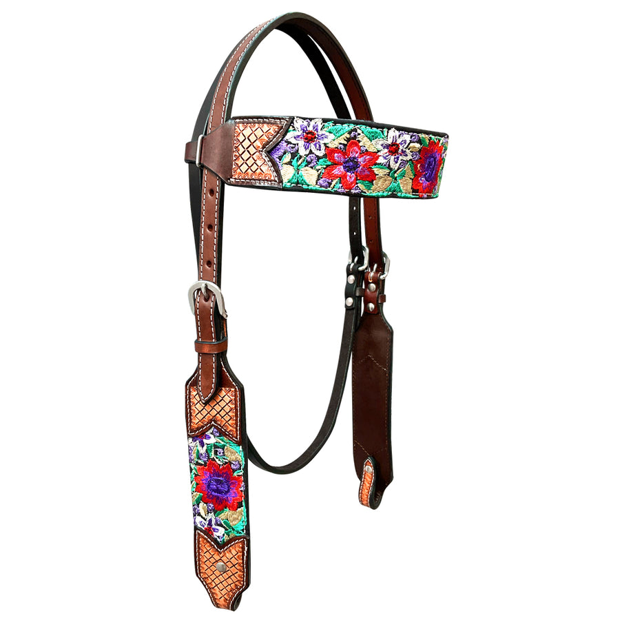 Bar H Equine Western Horse Floral Embroidery Design Genuine American Leather Headstall - Uhorse