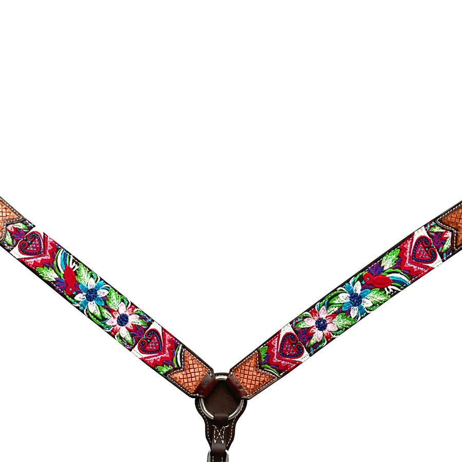 Floral embroidered leather breast collar with black straps - Uhorse