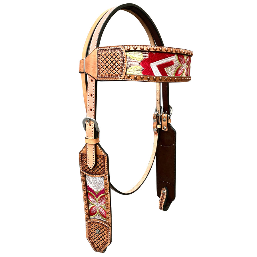 Leather western headstall with red and gold tooling - Uhorse