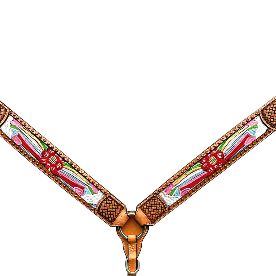 Leather breast collar with red tooled design and brass hardware - Uhorse