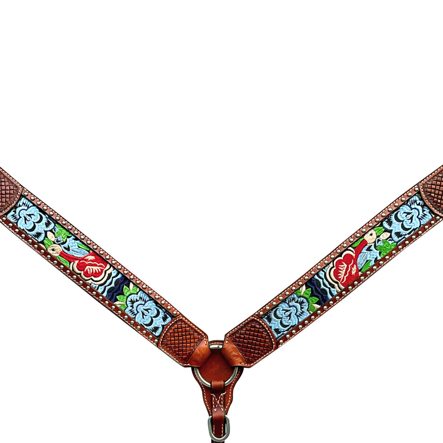 Brown leather breast collar with floral embroidered inlay - Uhorse
