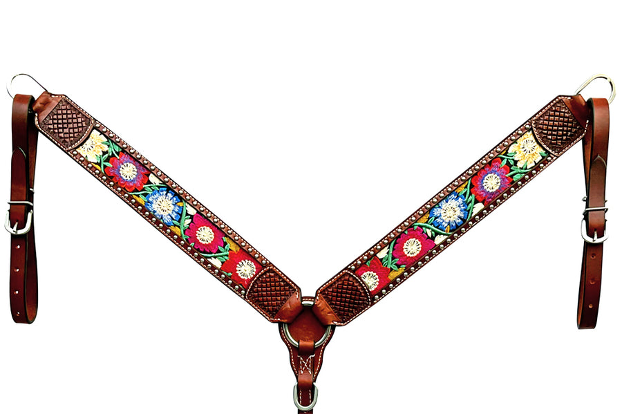 Bar H Equine Horse Genuine Leather embroidery design Breast Collar ,Headstall Brown