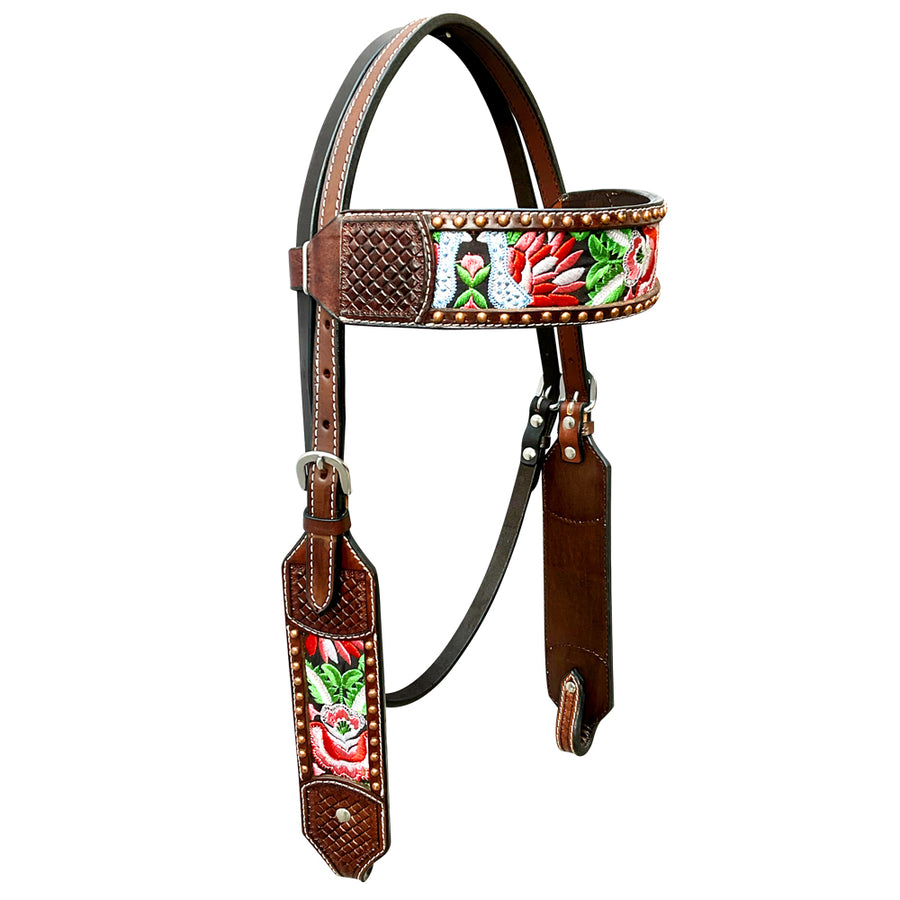 Bar H Equine Horse Genuine Leather embroidery design Headstall Brown - Uhorse