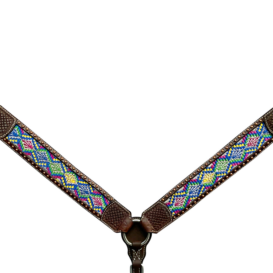 Brown leather breast collar with multicolored beaded pattern - Uhorse