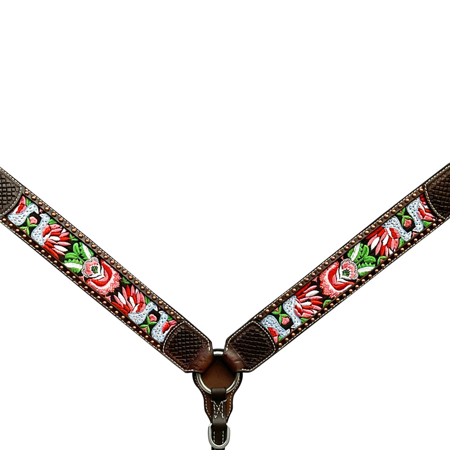 Brown leather breast collar with floral embroidered inlay - Uhorse