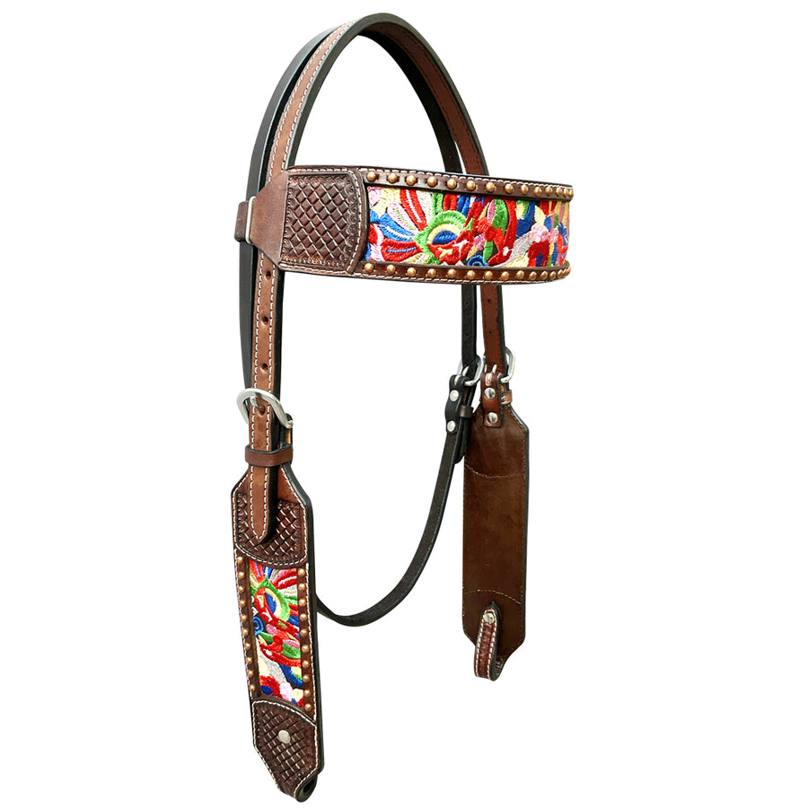 Bar H Equine Horse Genuine Leather embroidery design Headstall Brown - Uhorse