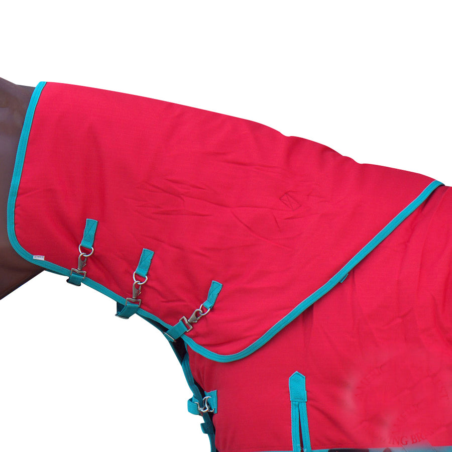 Red nylon horse blanket with turquoise trim and straps - Uhorse