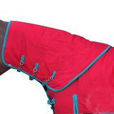 Red nylon horse blanket with turquoise trim and straps - Uhorse