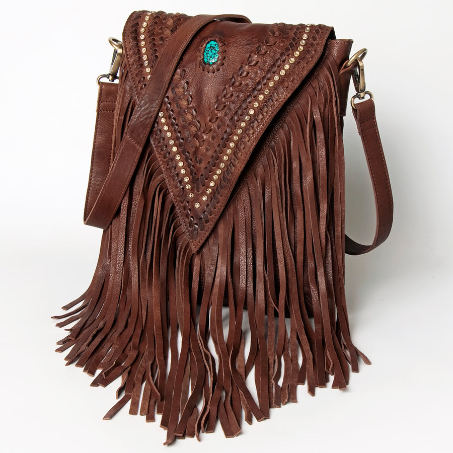 American Darling Western Leather Messenger Bag with Turquoise Stone and Fringes - Hilason