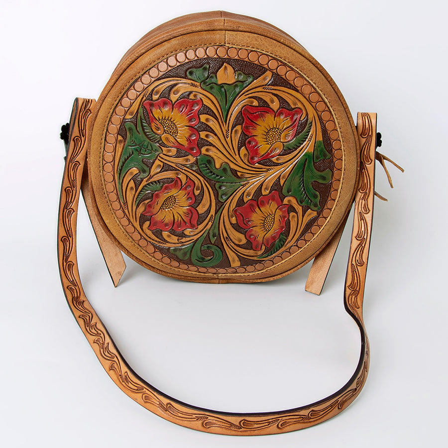 American Darling Canteen Bag, Handcrafted Western Purse, Genuine Leather Hand Tooled Floral Design, Round Crossbody Bag