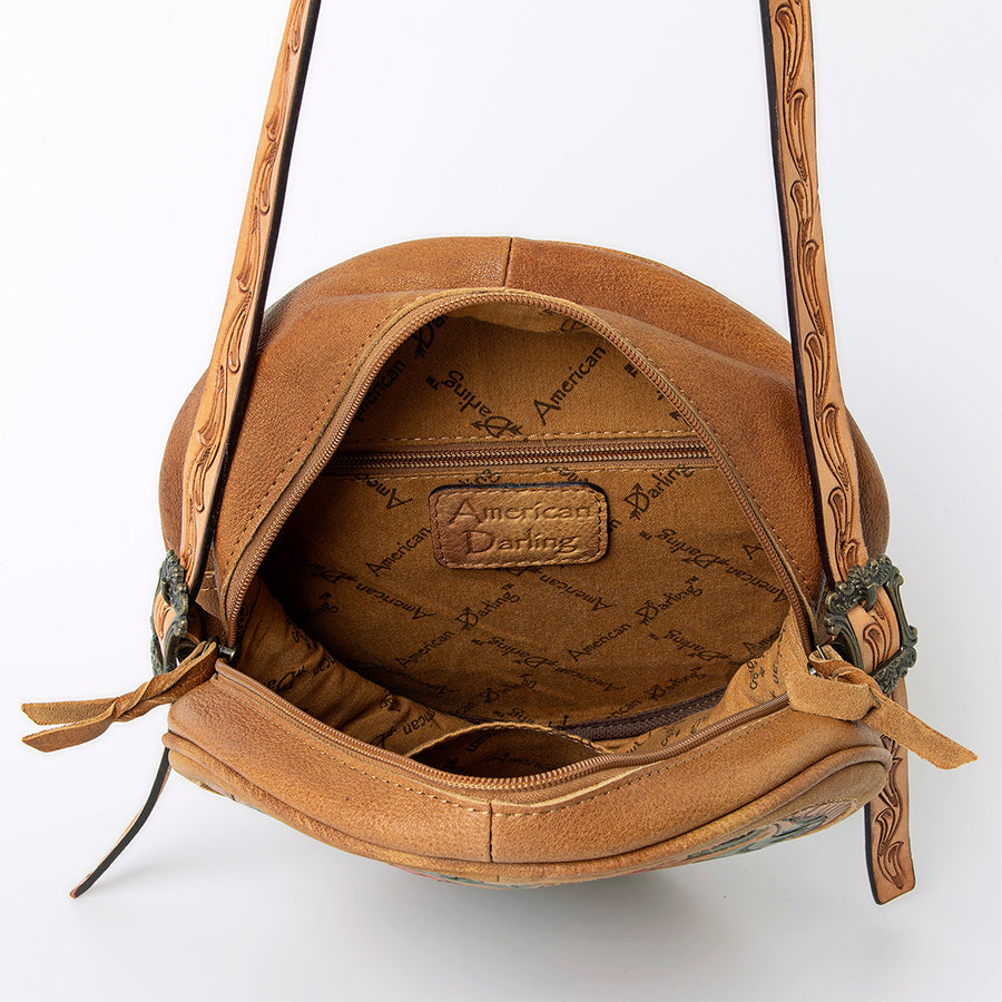 American Darling Canteen Bag, Handcrafted Western Purse, Genuine Leather Hand Tooled Floral Design, Round Crossbody Bag