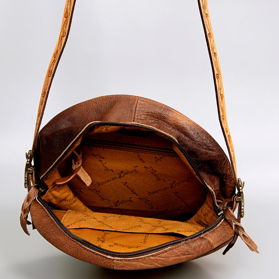American Darling Canteen Bag, Handcrafted Western Purse, Genuine Leather Hand Tooled Floral Design, Round Crossbody Bag