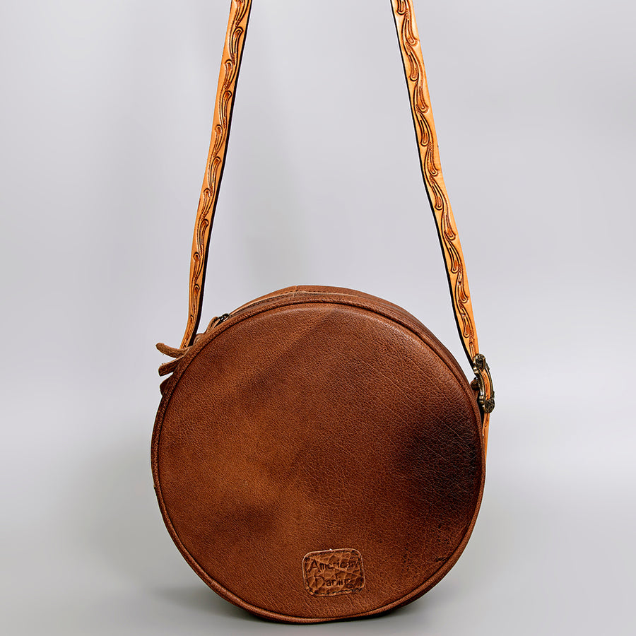 American Darling Canteen Bag, Handcrafted Western Purse, Genuine Leather Hand Tooled Floral Design, Round Crossbody Bag