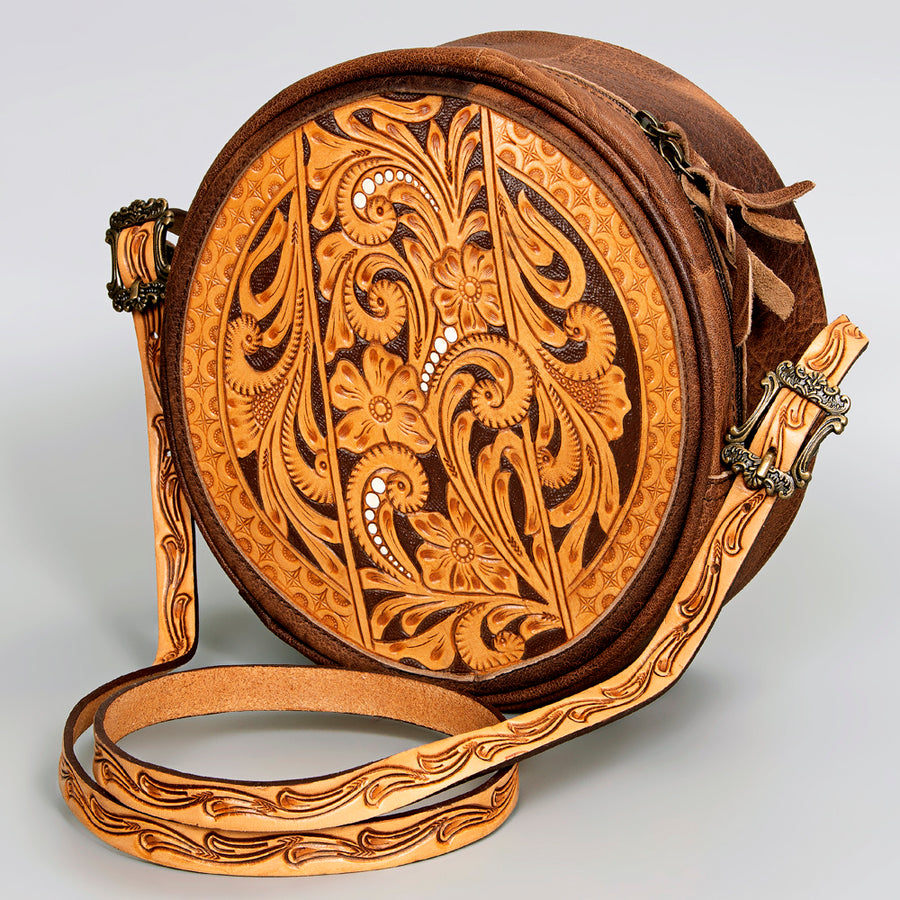 American Darling Western Leather Canteen Bag with Hand Tooled Floral Artistry - Uhorse