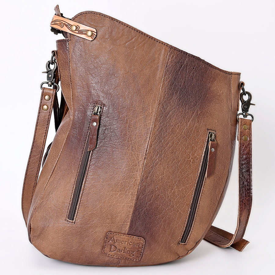 American Darling Large Cross body Bag, Genuine Leather Western Purse with Hair-On Cowhide, Hand Tooled Floral Detail & Fringe