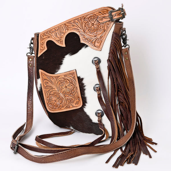 American Darling Western Leather Large Cross body Bag with Hair-On Cowhide and Fringes - Uhorse