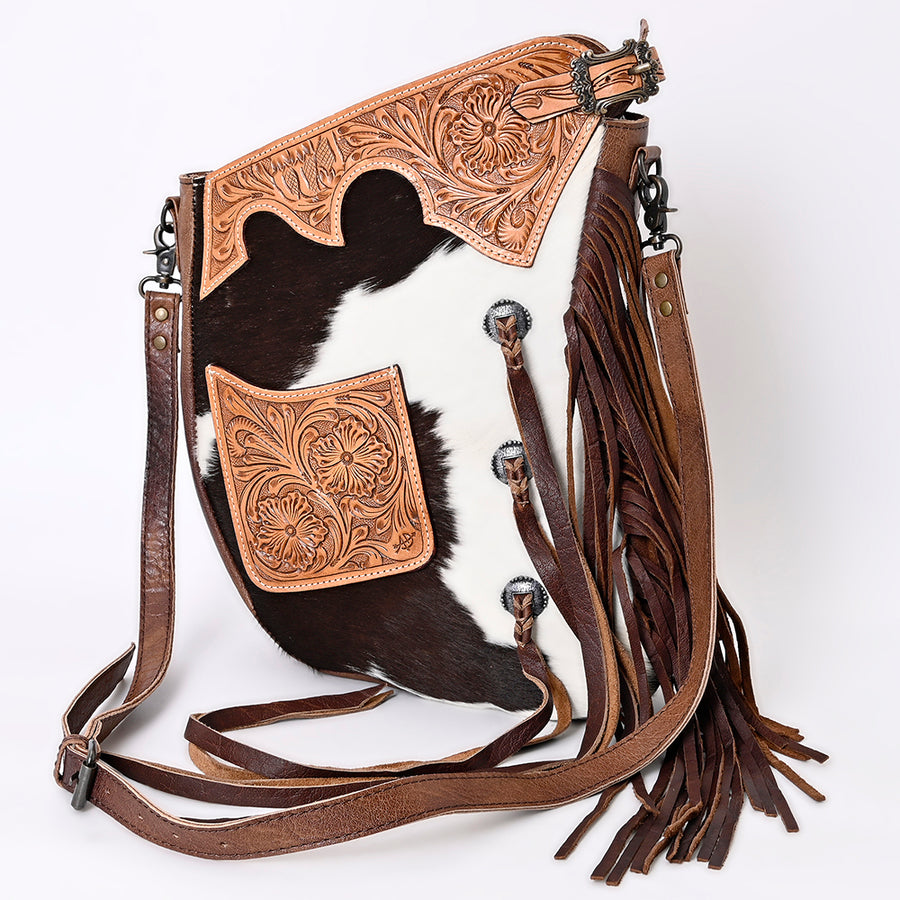 American Darling Western Leather Large Cross body Bag with Hair-On Cowhide and Fringes - Uhorse
