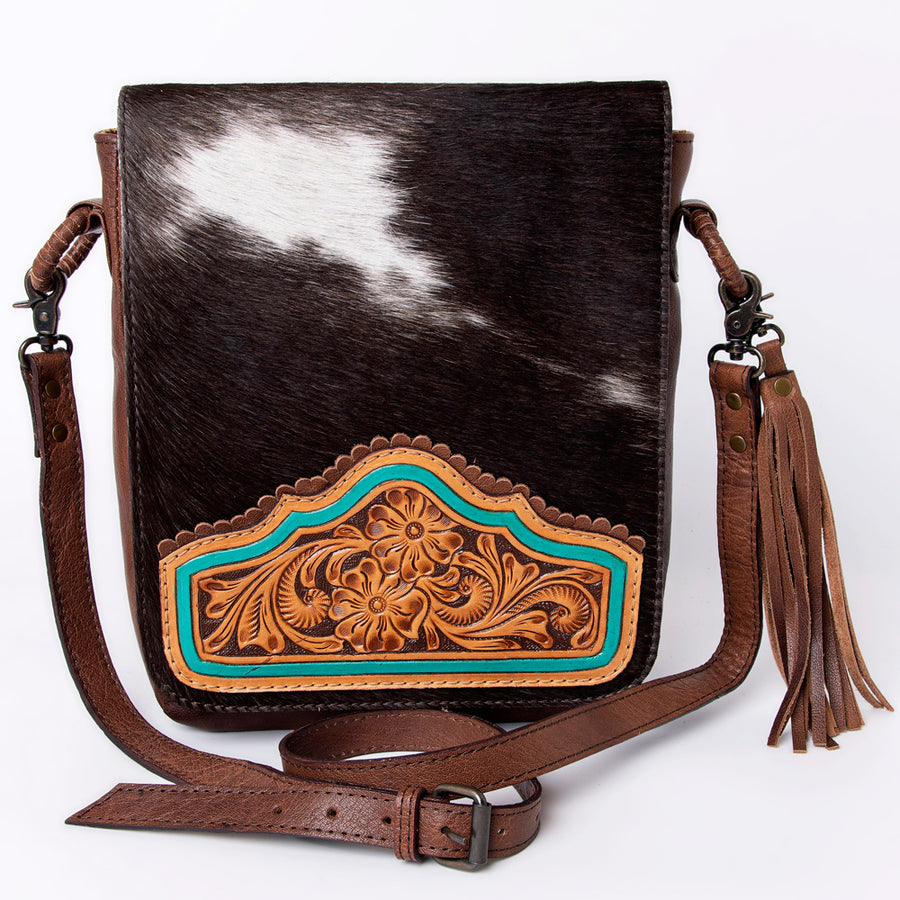 American Darling Small Cross body Bag, Hair-On Cowhide & Hand Tooled Floral Leather, Genuine Vegetable-Tanned Leather Purse
