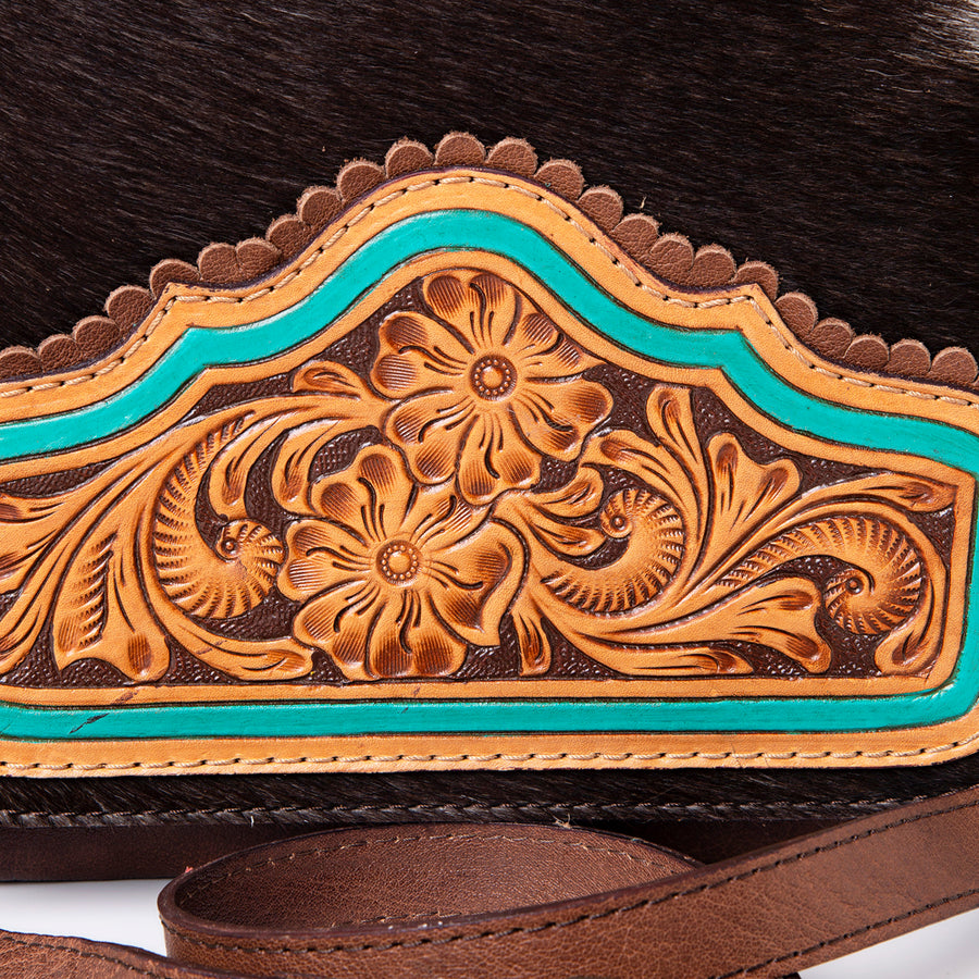 American Darling Small Cross body Bag, Hair-On Cowhide & Hand Tooled Floral Leather, Genuine Vegetable-Tanned Leather Purse